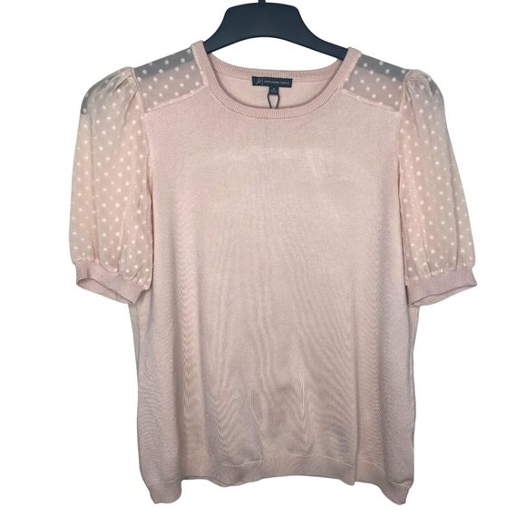 Adrianna Papell Pink Puff Sleeve Sweater Medium With Polka Dot Mesh Details - Picture 1 of 12